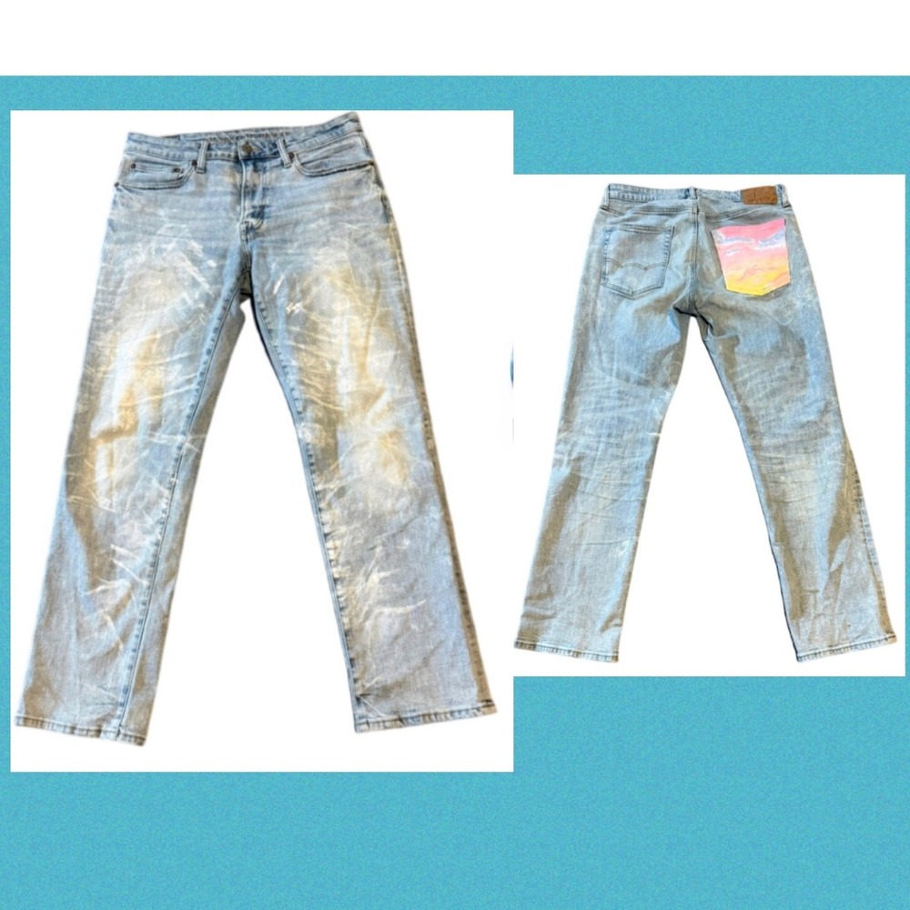 American Eagle Original Straight Flex Jeans Mens 33x30 Light Wash Sunset Pocket